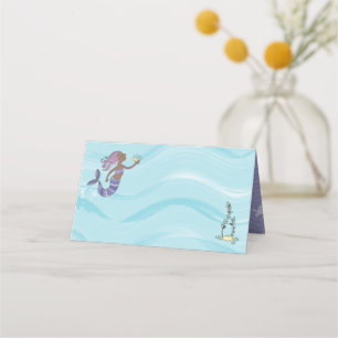 Dark Skin Purple Mermaid Birthday Place Card