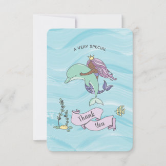 Dark Skin Purple Mermaid with Dolphin Thank You Card