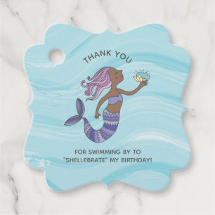 Dark Skin Purple Mermaid with Sea Turtle Birthday Favour Tags