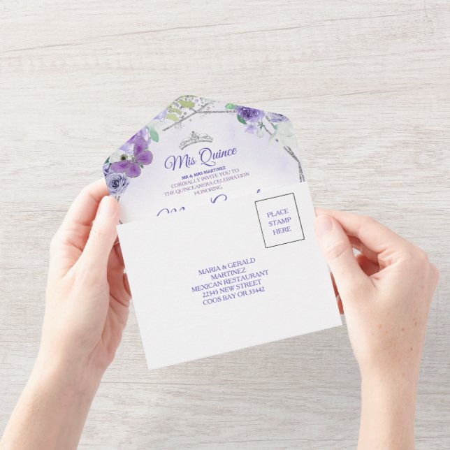 Dark Skin tone Lilac Purple Princess Quinceañera All In One Invitation (Opening)