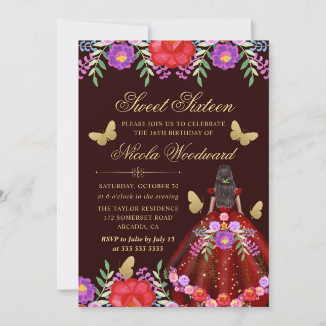 Dark Skin Woman in Mexican Floral Dress Sweet 16 Invitation (Front)