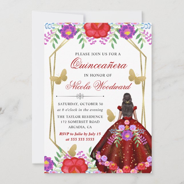 Dark Skin Woman  Mexican Floral Dress Quinceañera Invitation (Front)