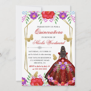 Dark Skin Woman Mexican Floral Dress Quinceañera Invitation