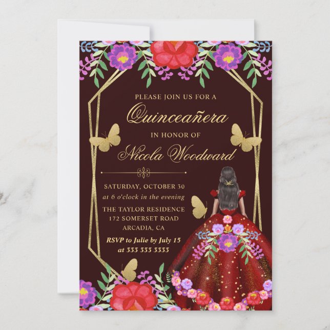 Dark Skin Woman Mexican Floral Dress Quinceañera Invitation (Front)