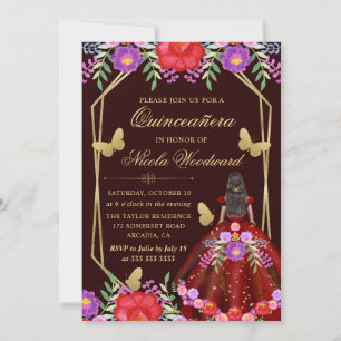 Dark Skin Woman Mexican Floral Dress Quinceañera Invitation