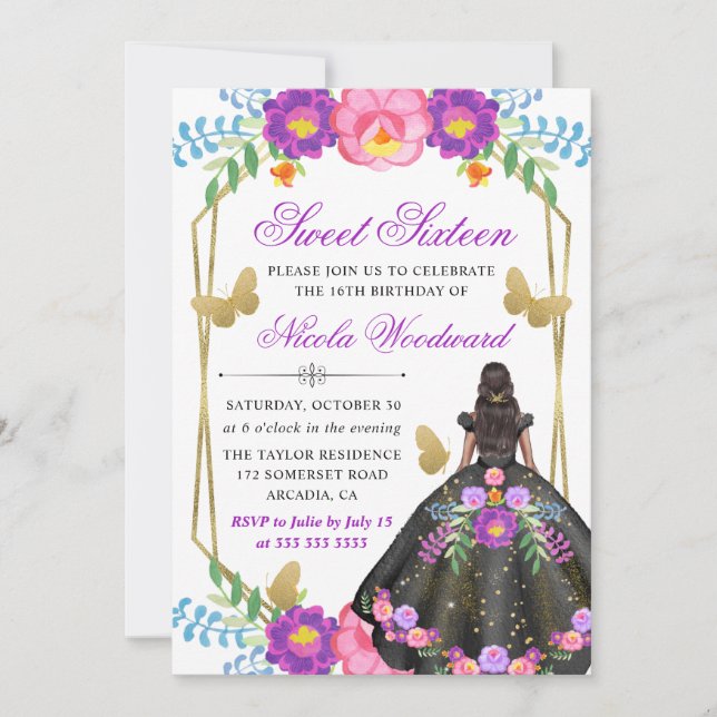 Dark Skin Woman Mexican Floral Dress Sweet 16 Invitation (Front)