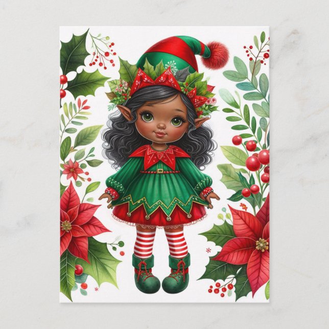 Dark-Skinned Christmas Elf Holiday Postcard (Front)