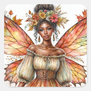 Dark-Skinned Fairy Autumn Aesthetic Watercolor Square Sticker