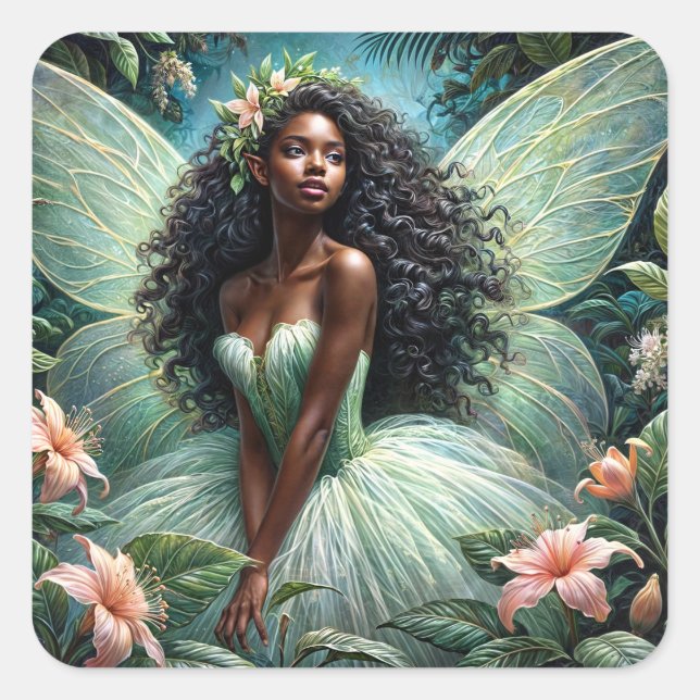 Dark-Skinned Fairy In Mint Green Botanical Square Sticker (Front)