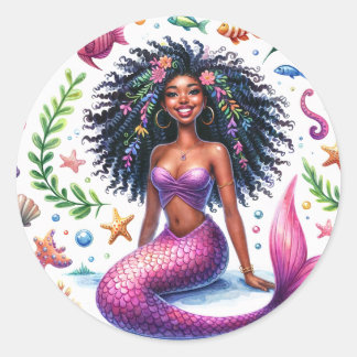 Dark-Skinned Mermaid With Pink Tail Classic Round Sticker