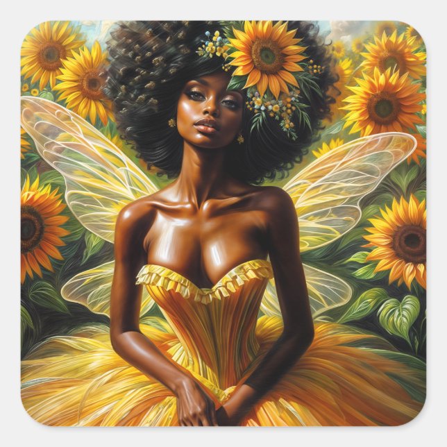 Dark-Skinned Sunflower Fairy in Yellow Square Sticker (Front)