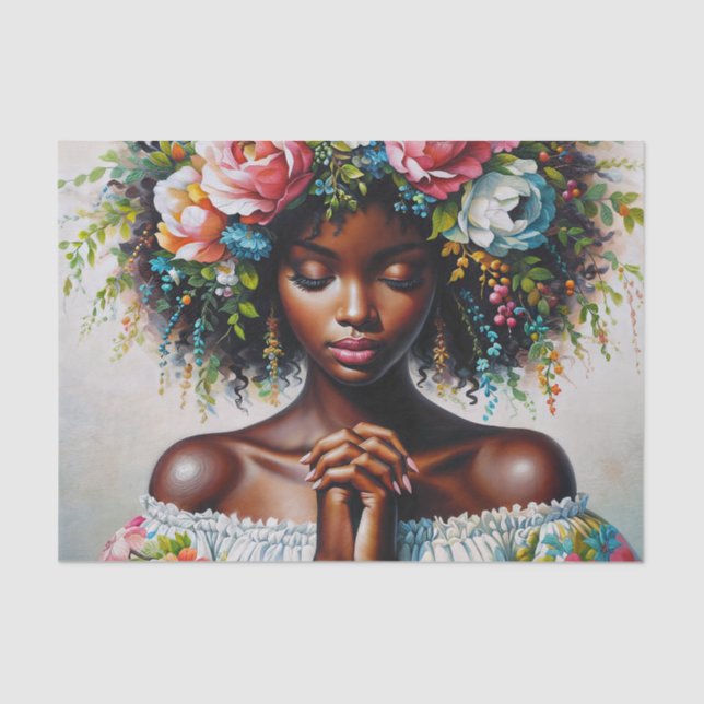 Dark-Skinned Woman Prays Floral Portrait Tissue Paper (Front)