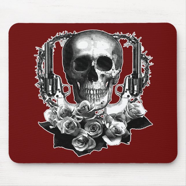 Dark- Skull Guns and Roses Black and White Mouse Mat (Front)
