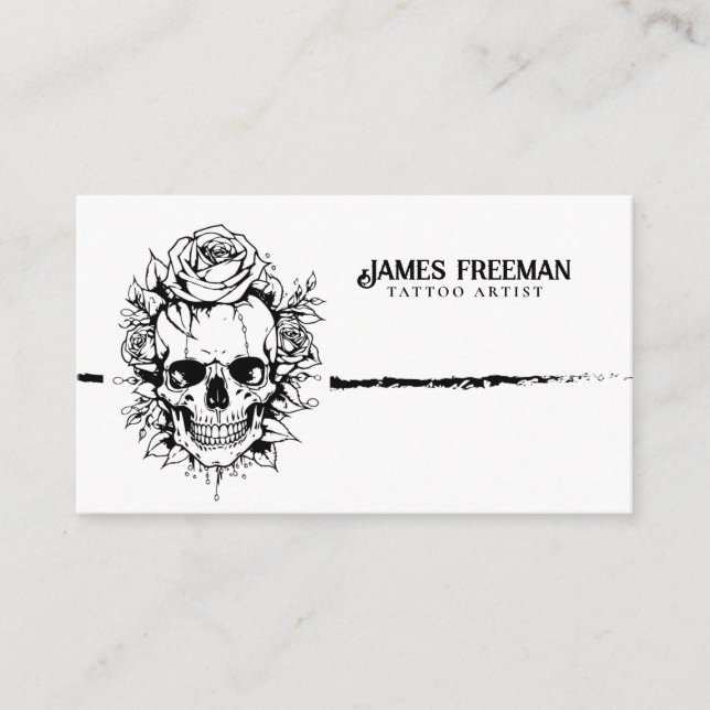 Dark Skull with Roses Black & White Tattoo Artist Business Card (Front)