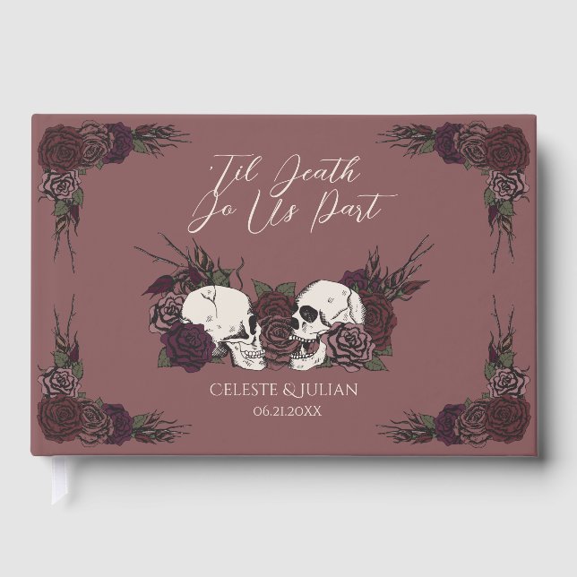 Dark Skulls & Roses Mauve Til Death Guest Book (Front)