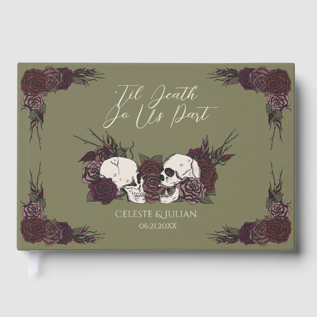 Dark Skulls & Roses Olive Green Til Death Guest Book (Front)