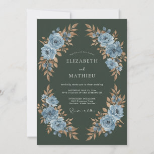 Dark Slate Blue Botanical Watercolor Wedding Invitation