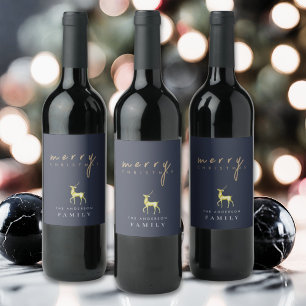 Dark Slate Blue Minimalist Reindeer Christmas Wine Label