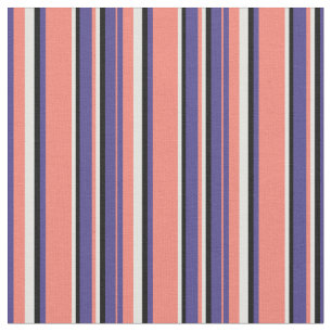 Dark Slate Blue, Salmon, Light Cyan & Black Lines Fabric