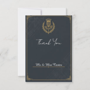 Dark Slate Gold Scottish Thistle Wedding Thank You Card