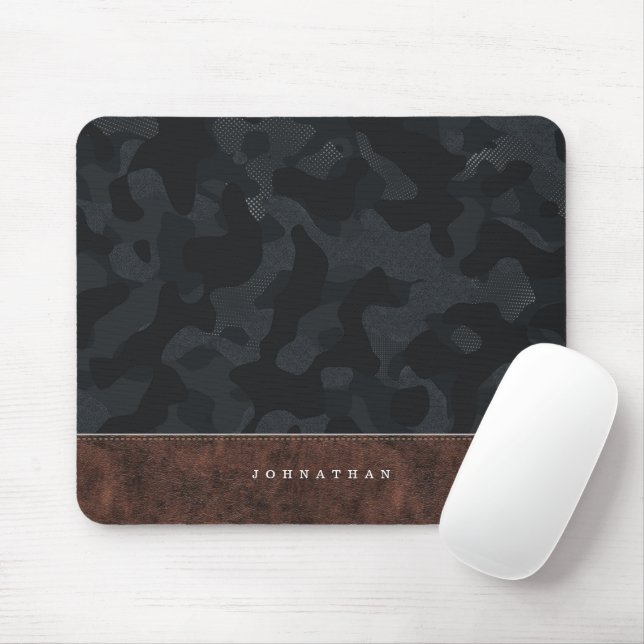 Dark Slate Grey Camouflage Pattern & Leather Mouse Mat (With Mouse)
