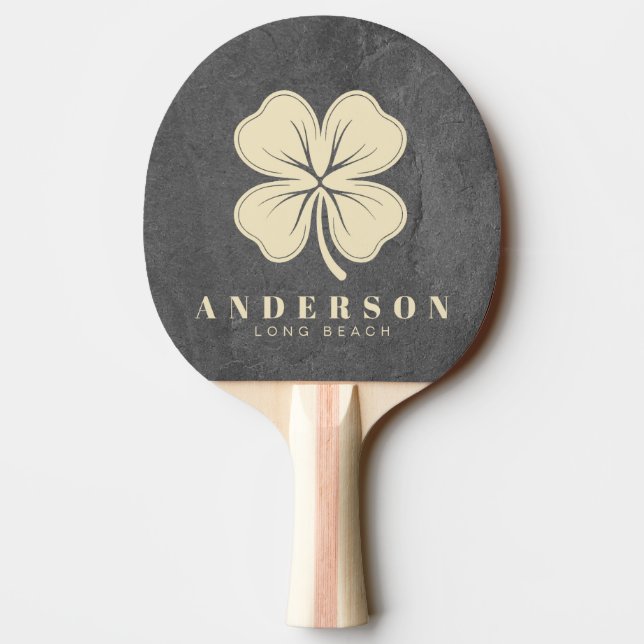 Dark Slate Stone Four Leaf Clover with Name Ping Pong Paddle (Back)