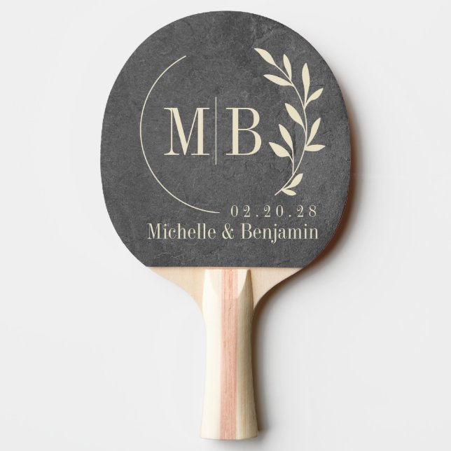 Dark Slate Stone Leaf Wedding Monogram Ping Pong Paddle (Back)