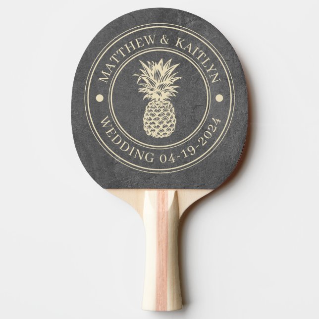 Dark Slate Stone Pineapple Wedding Names Ping Pong Paddle (Back)