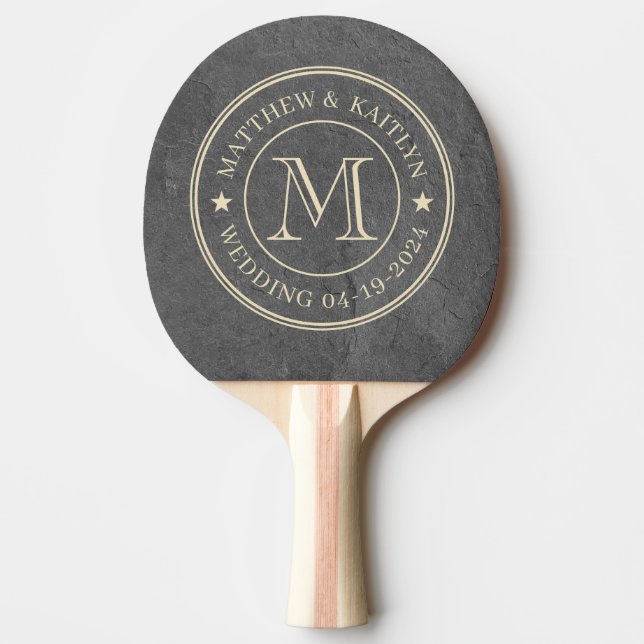 Dark Slate Stone Wedding Monogram Star Ping Pong Paddle (Front)
