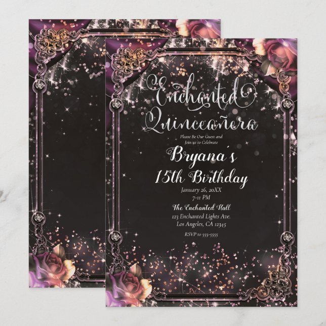 Dark Sparkle Glitter Glam Lights Quinceañera   Invitation (Front/Back)