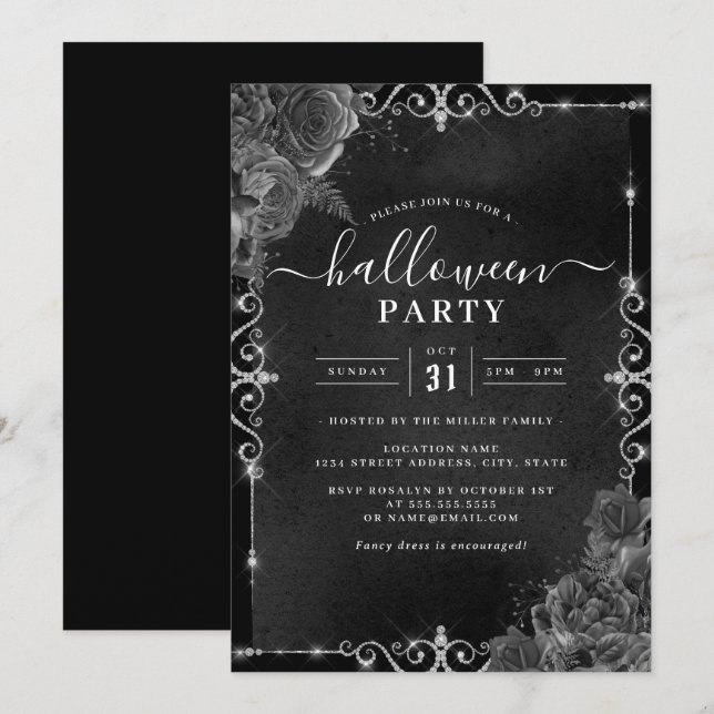 Dark Spooky Floral Jewel Halloween Party  Invitation (Front/Back)