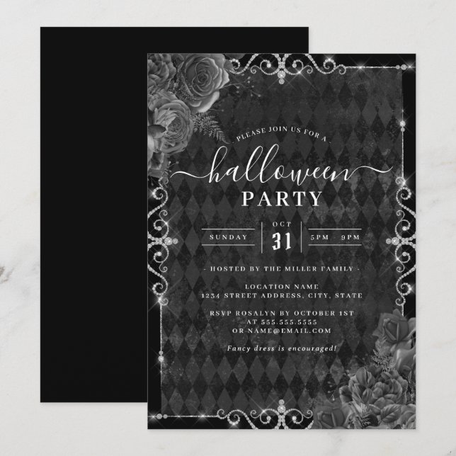 Dark Spooky Floral Rose Jewel Halloween Party  Invitation (Front/Back)