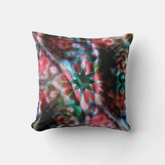 Dark star on glass flower spots, red to dark green cushion (Front)