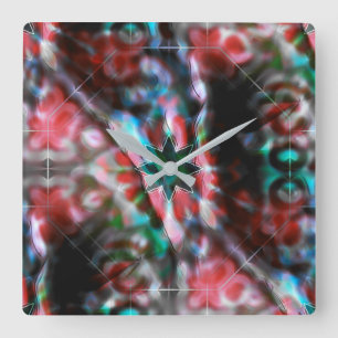 Dark star on glass flower spots, red to dark green square wall clock