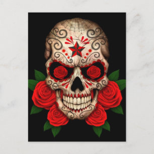 Dark Sugar Skull with Red Roses Postcard
