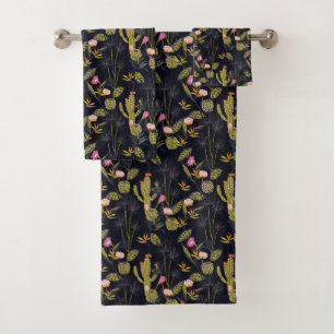Dark Summer Night Cactus Pattern Bath Towel Set