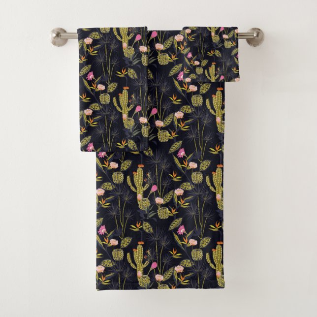 Dark Summer Night Cactus Pattern Bath Towel Set (Insitu)