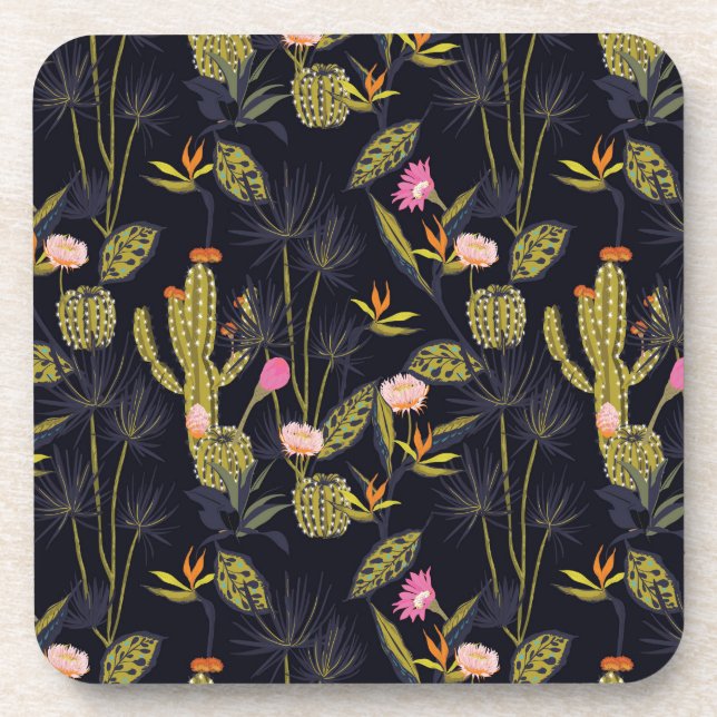Dark Summer Night Cactus Pattern Coaster (Front)