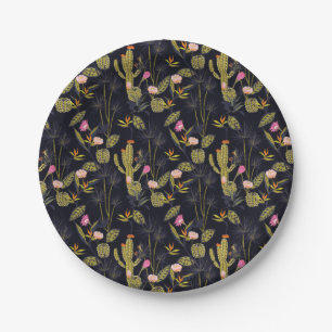 Dark Summer Night Cactus Pattern Paper Plate