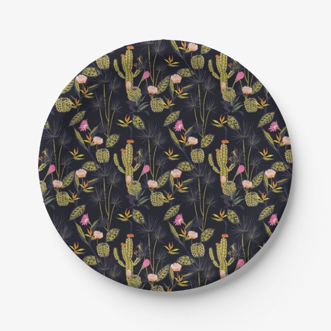 Dark Summer Night Cactus Pattern Paper Plate (Front)