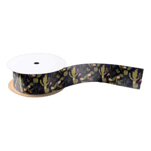 Dark Summer Night Cactus Pattern Satin Ribbon