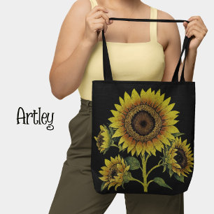 Dark sunflower shoulder tote, sunflower botanical tote bag