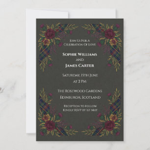 Dark Tartan Floral Wedding Invitation