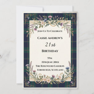 Dark Tartan Thistle 21st Birthday Invitation