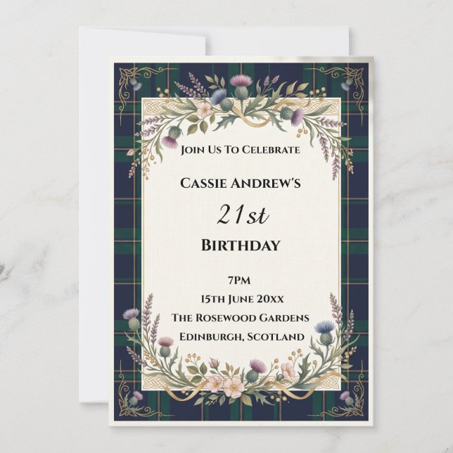 Dark Tartan Thistle 21st Birthday Invitation (Front)