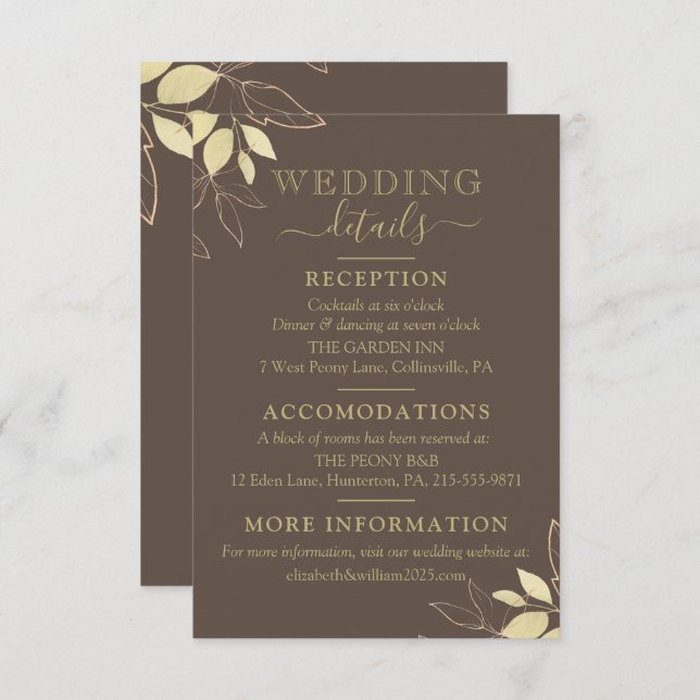 Dark Taupe & Gold Foliage Modern Botanical Wedding Enclosure Card (Front/Back)