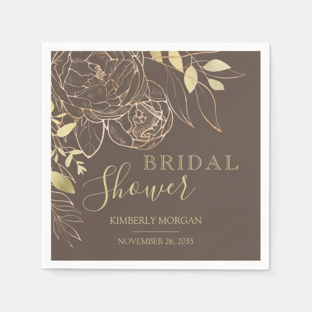Dark Taupe & Gold Modern Floral Bridal Shower Napk Napkin (Front)