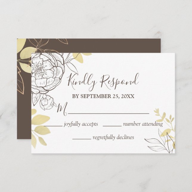 Dark Taupe & Gold Peony Floral Wedding RSVP Card (Front/Back)