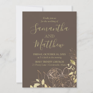 Dark Taupe & Gold Peony Modern Floral Wedding Invitation