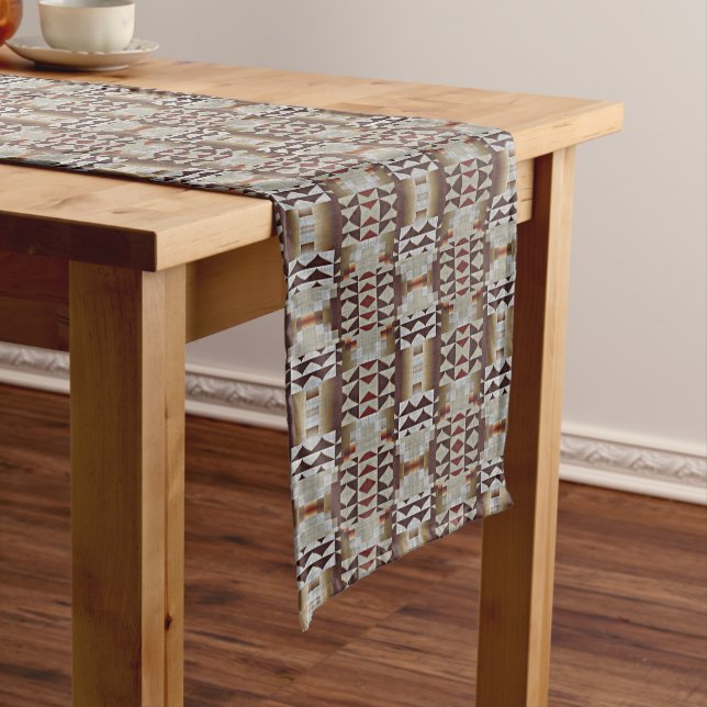 Dark Taupe Red Brown Tan Grey Beige Tribal Art Short Table Runner (In Situ)